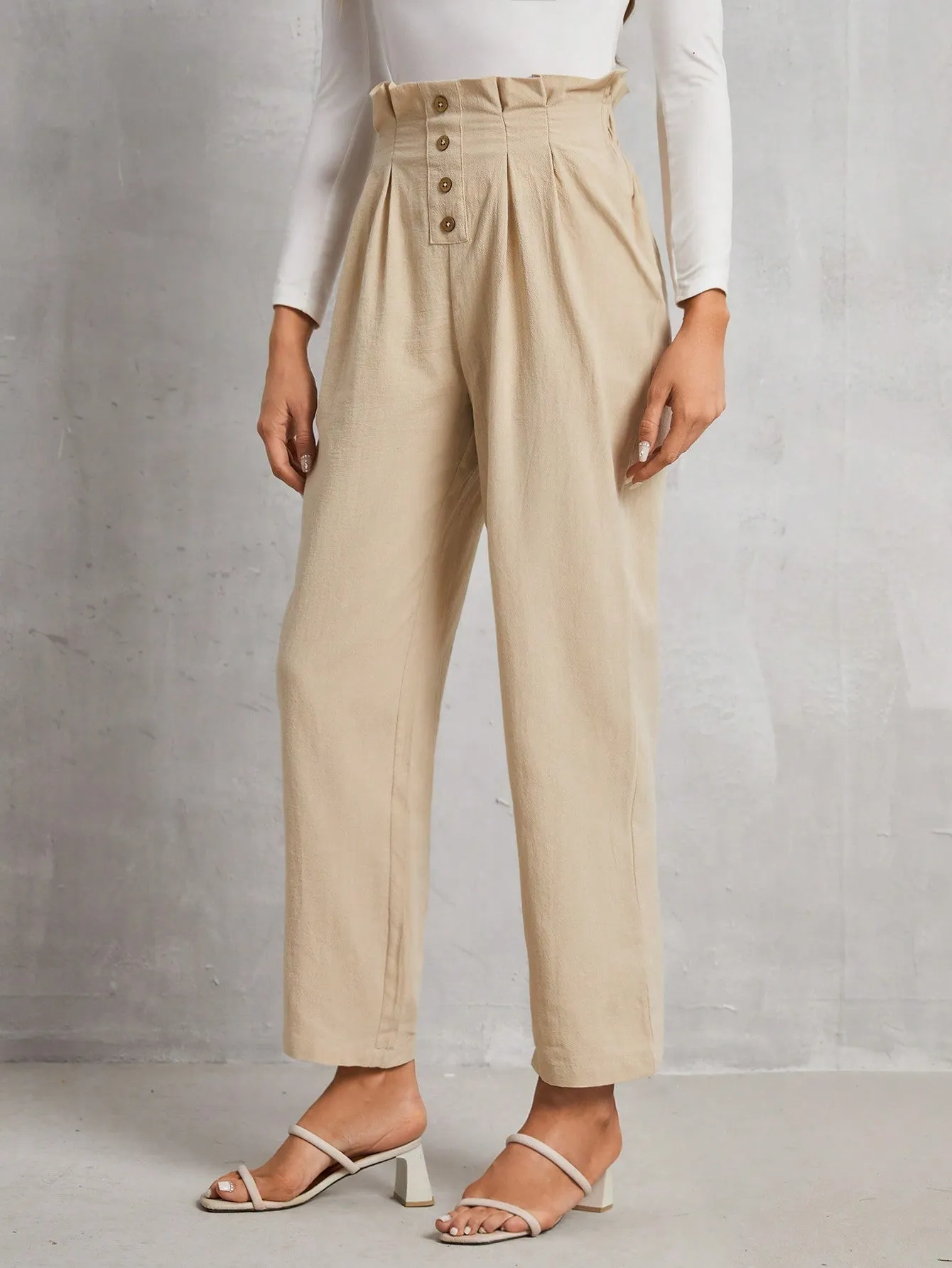 Frenchy High Waist Button Fly Fold Pleated Pants