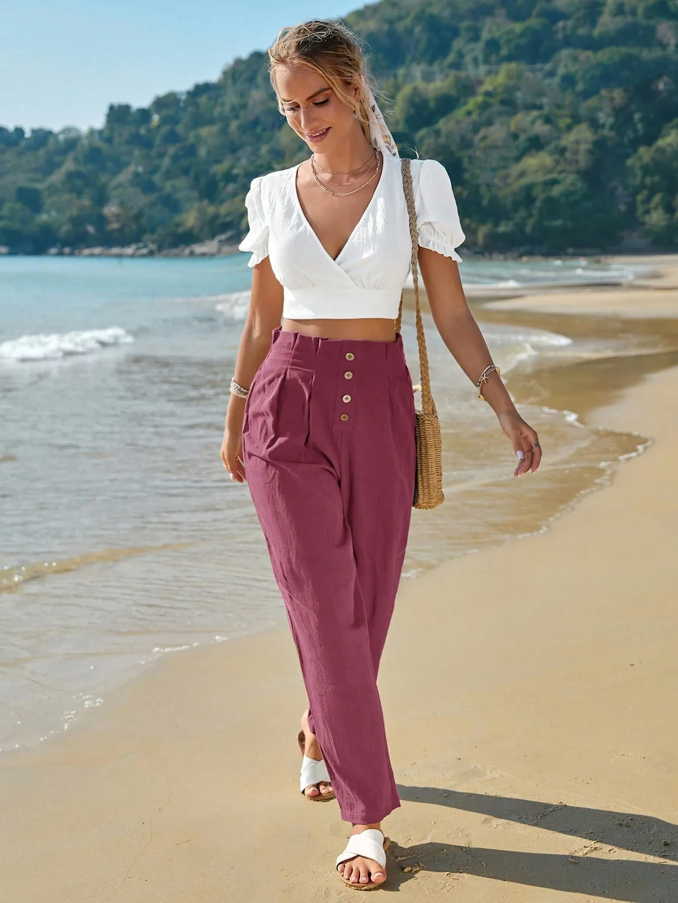 Frenchy High Waist Button Fly Fold Pleated Pants
