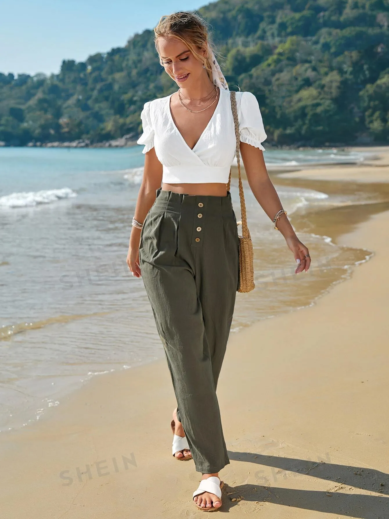 Frenchy High Waist Button Fly Fold Pleated Pants