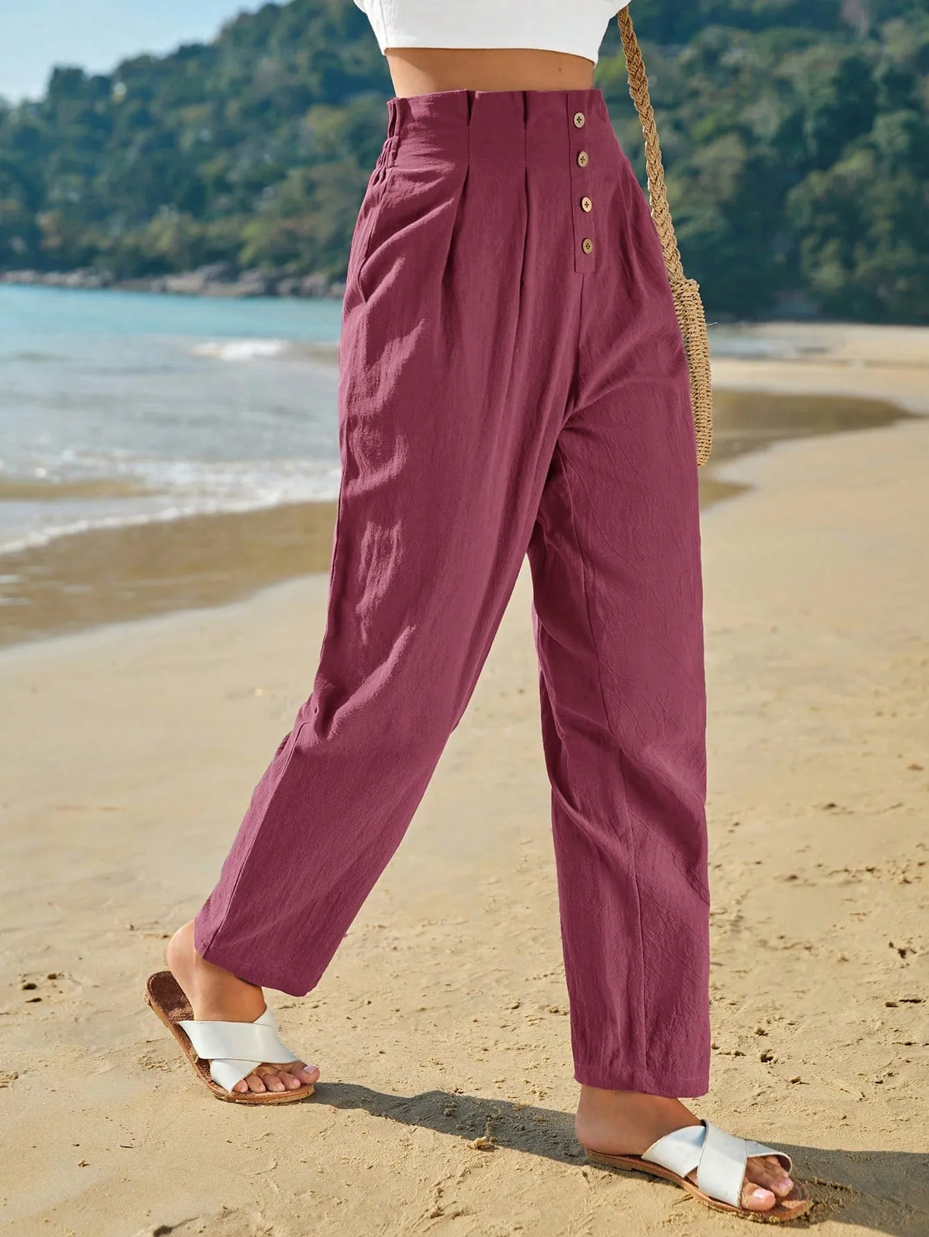 Frenchy High Waist Button Fly Fold Pleated Pants