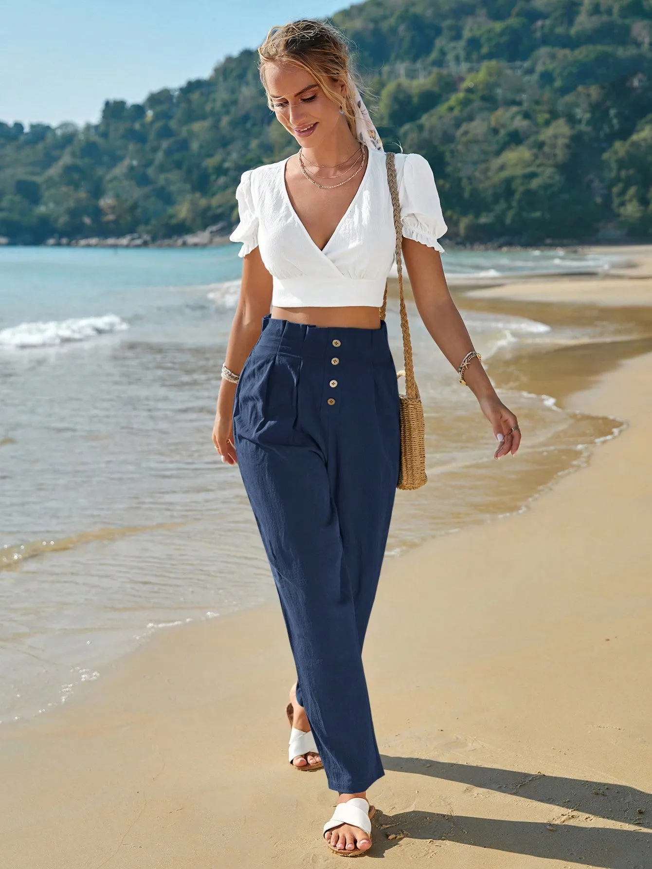Frenchy High Waist Button Fly Fold Pleated Pants
