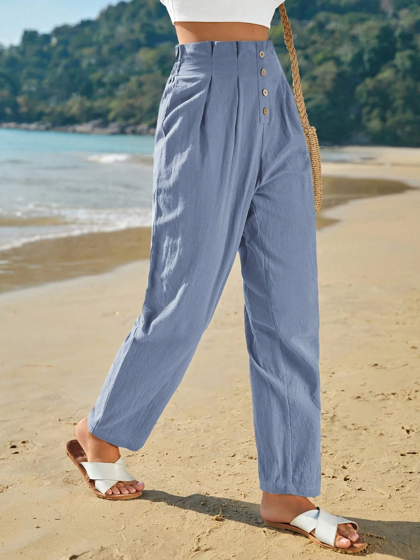 Frenchy High Waist Button Fly Fold Pleated Pants