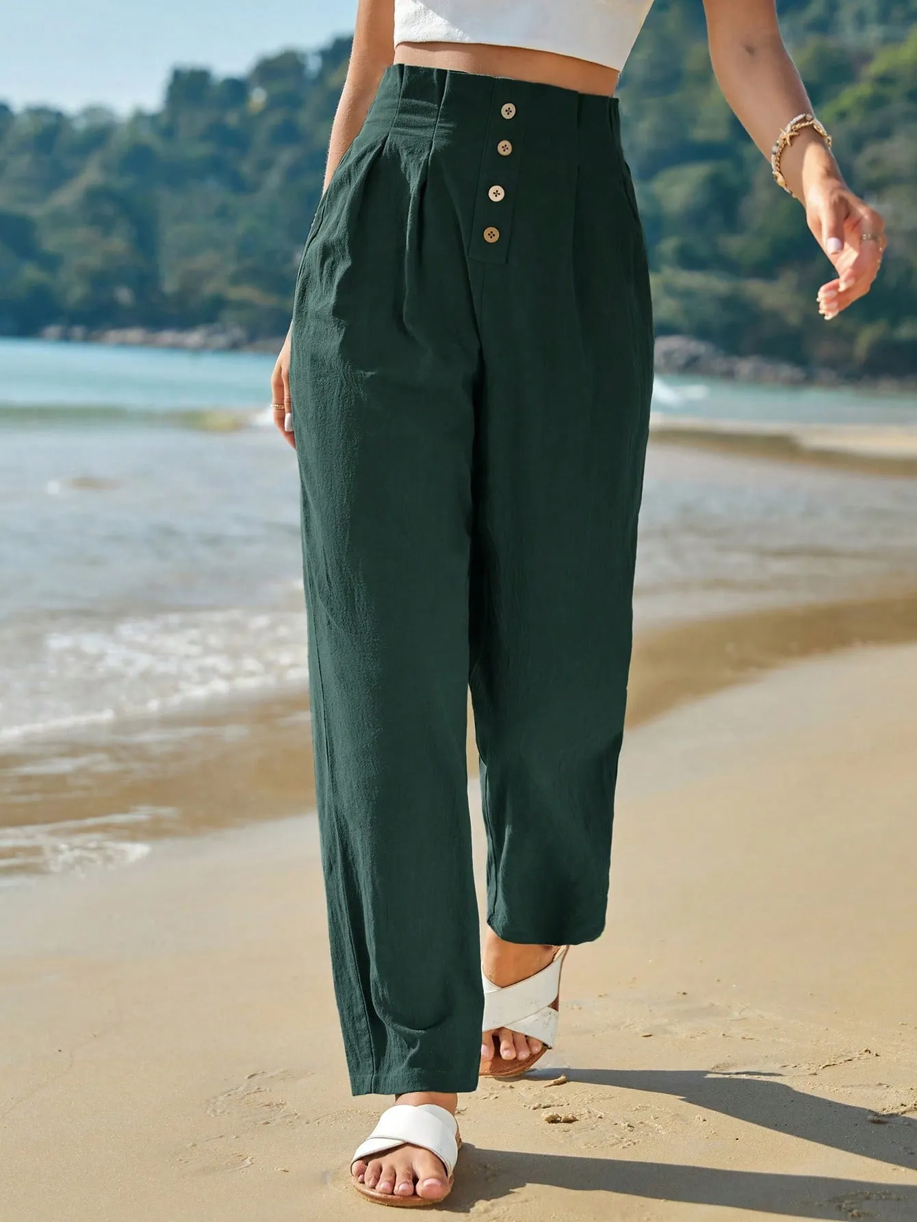 Frenchy High Waist Button Fly Fold Pleated Pants