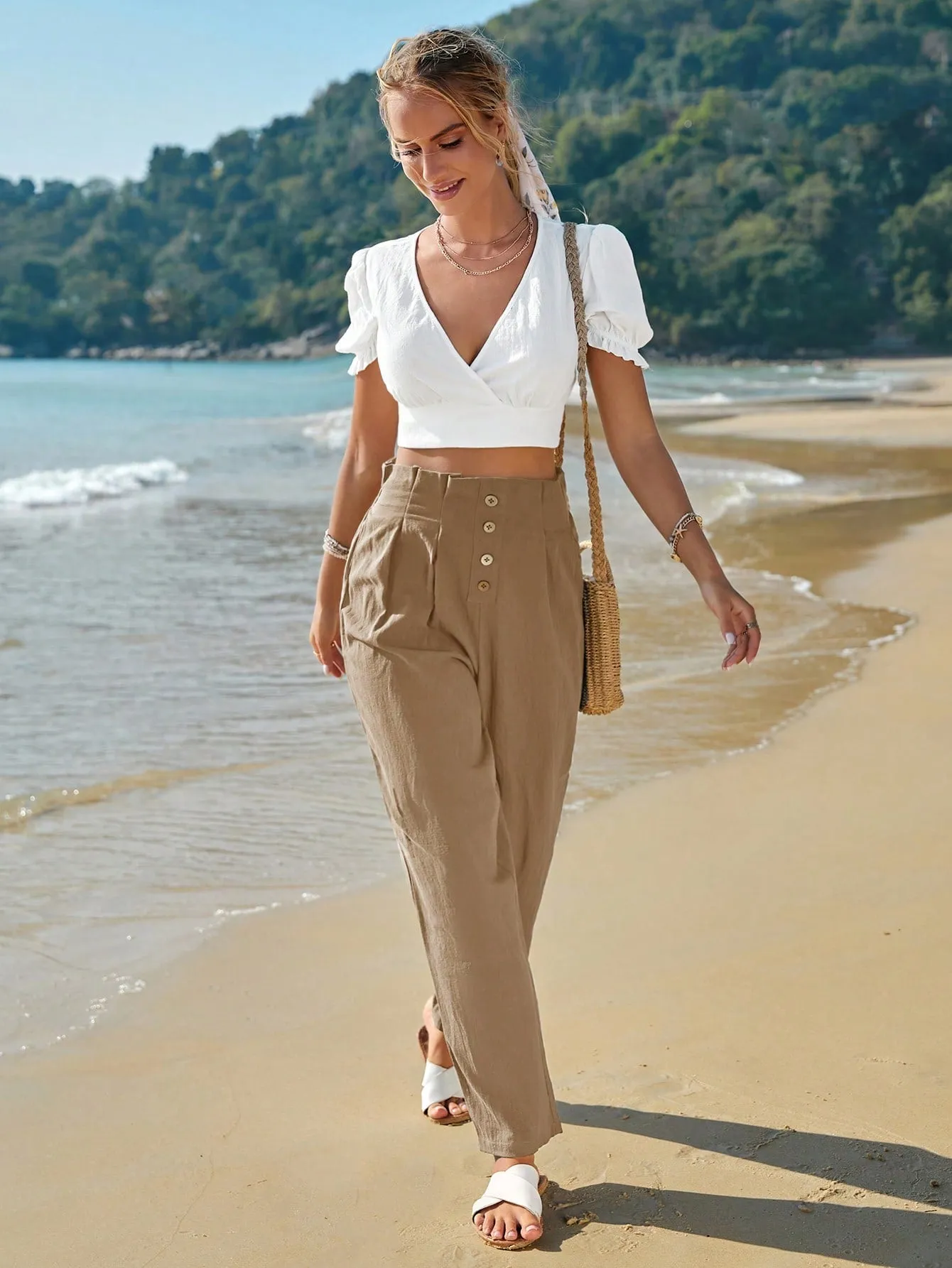 Frenchy High Waist Button Fly Fold Pleated Pants