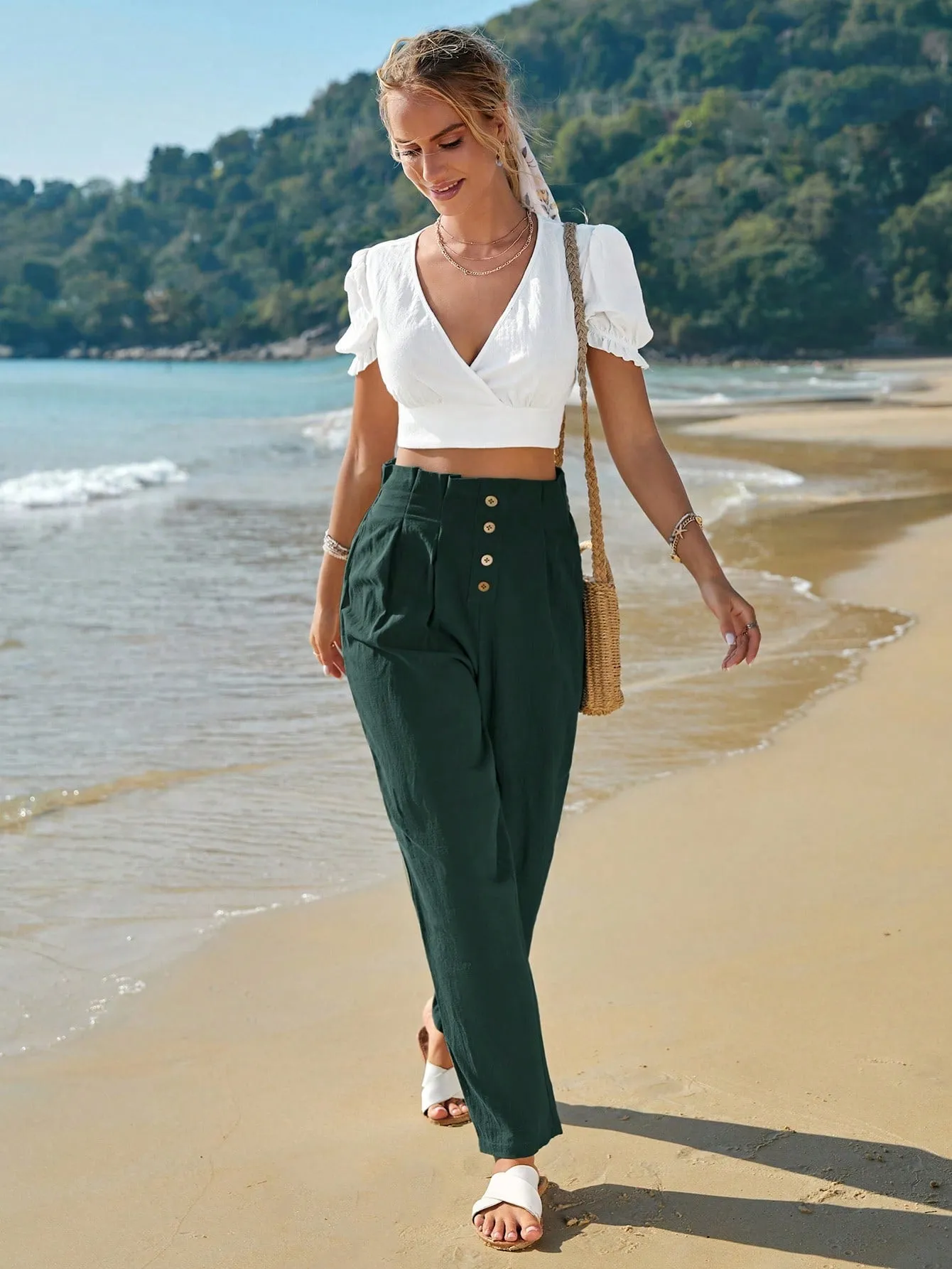 Frenchy High Waist Button Fly Fold Pleated Pants