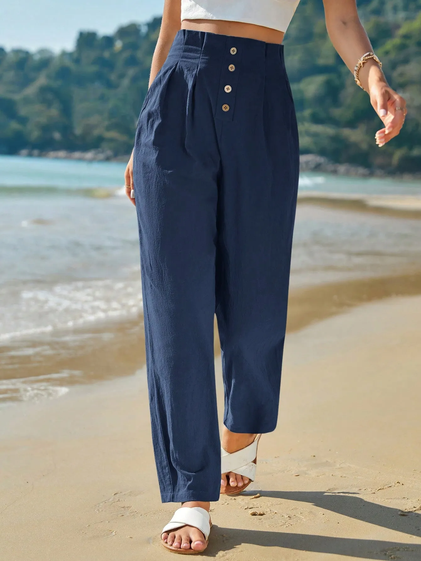 Frenchy High Waist Button Fly Fold Pleated Pants
