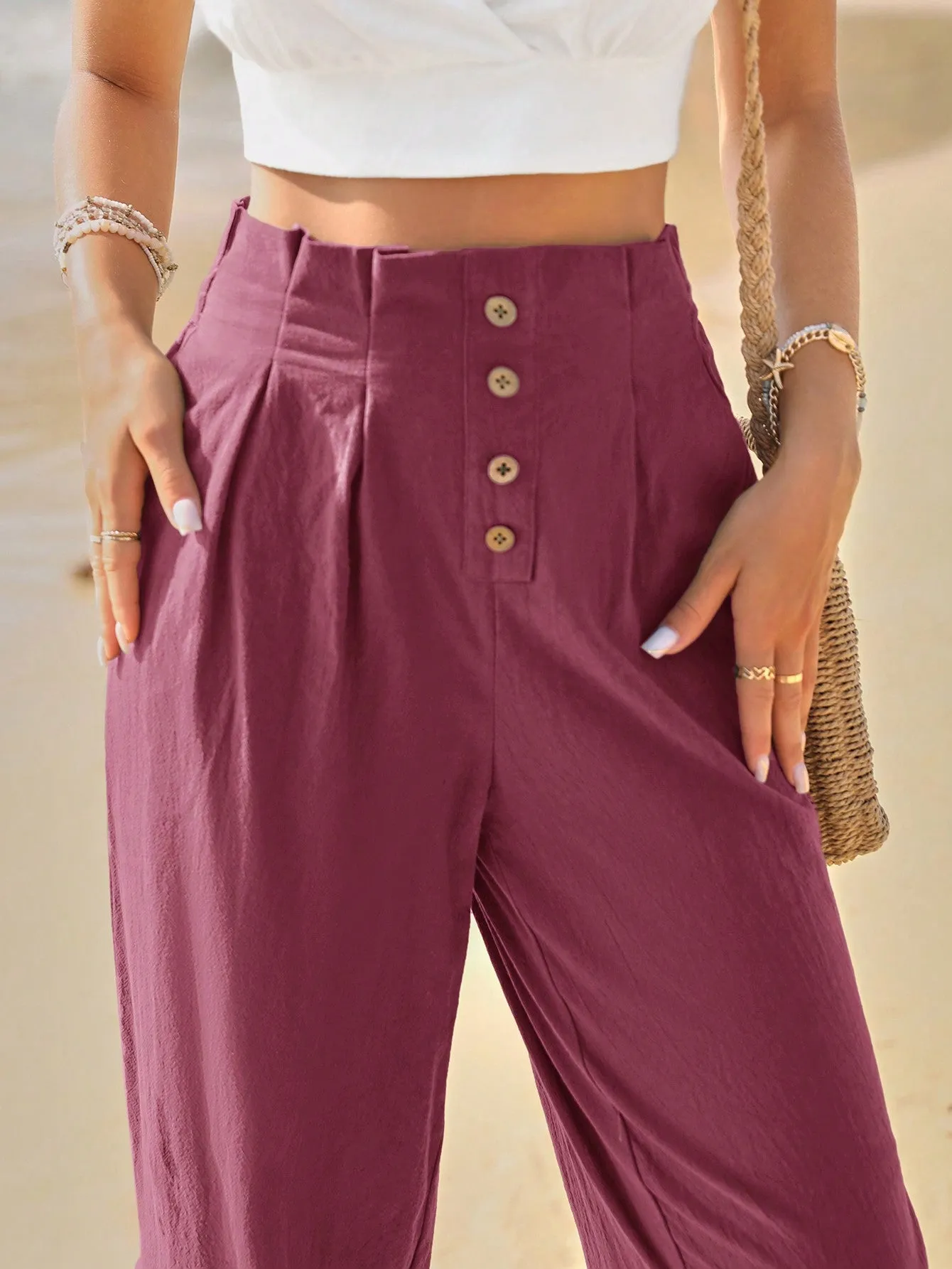 Frenchy High Waist Button Fly Fold Pleated Pants