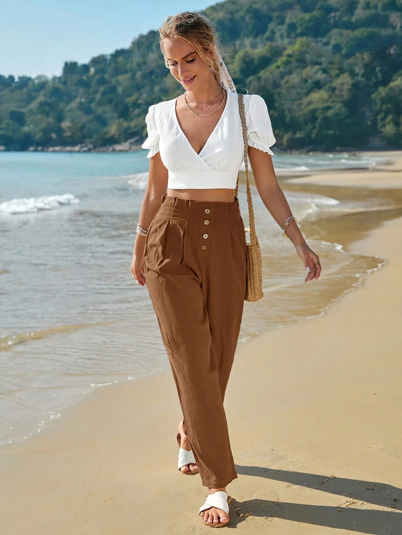 Frenchy High Waist Button Fly Fold Pleated Pants