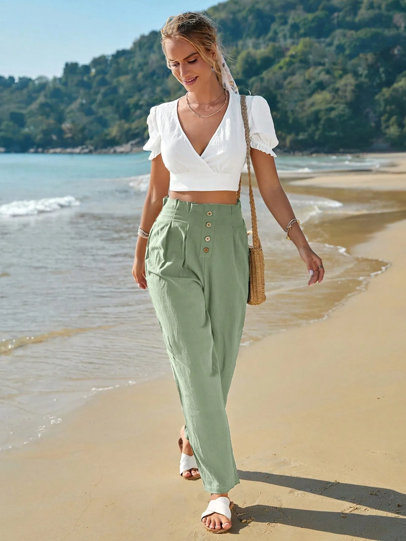 Frenchy High Waist Button Fly Fold Pleated Pants