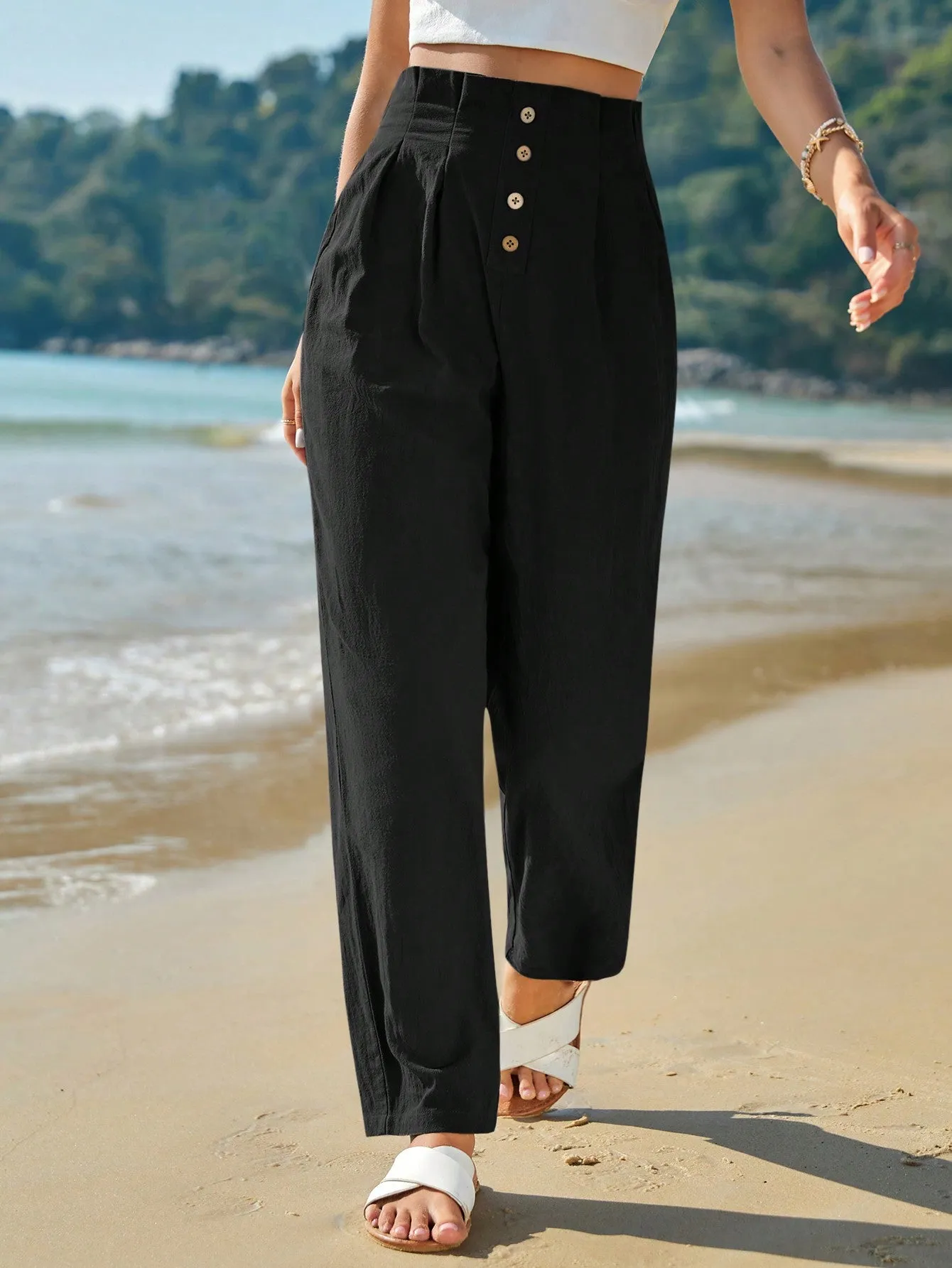 Frenchy High Waist Button Fly Fold Pleated Pants