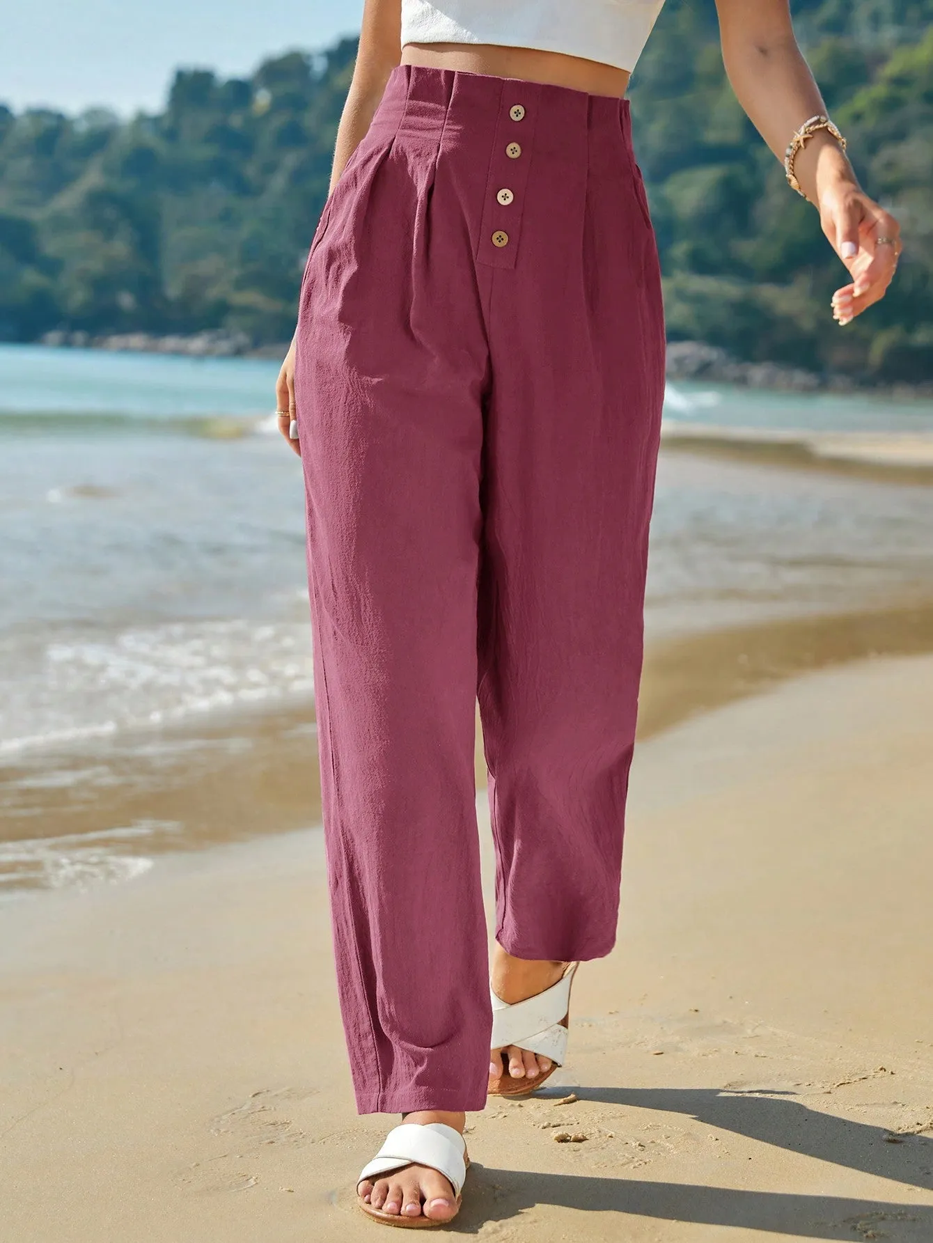 Frenchy High Waist Button Fly Fold Pleated Pants