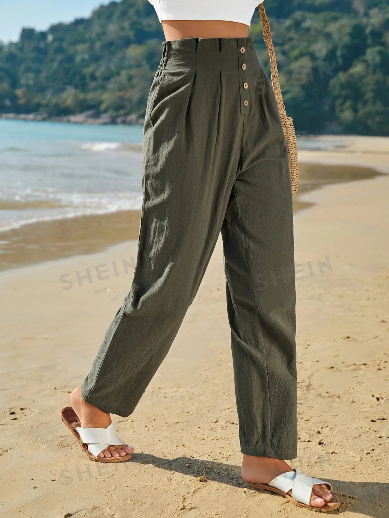 Frenchy High Waist Button Fly Fold Pleated Pants