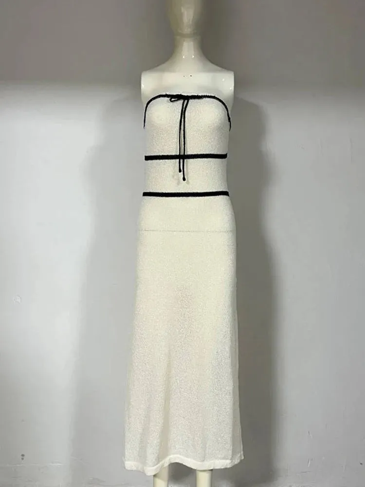 Girlary Tube Knit Long Dress Summer Off Shoulder Sleeveless Casual Skinny Knit Maxi Tube Dress Bow Laceup Knit Party Dress