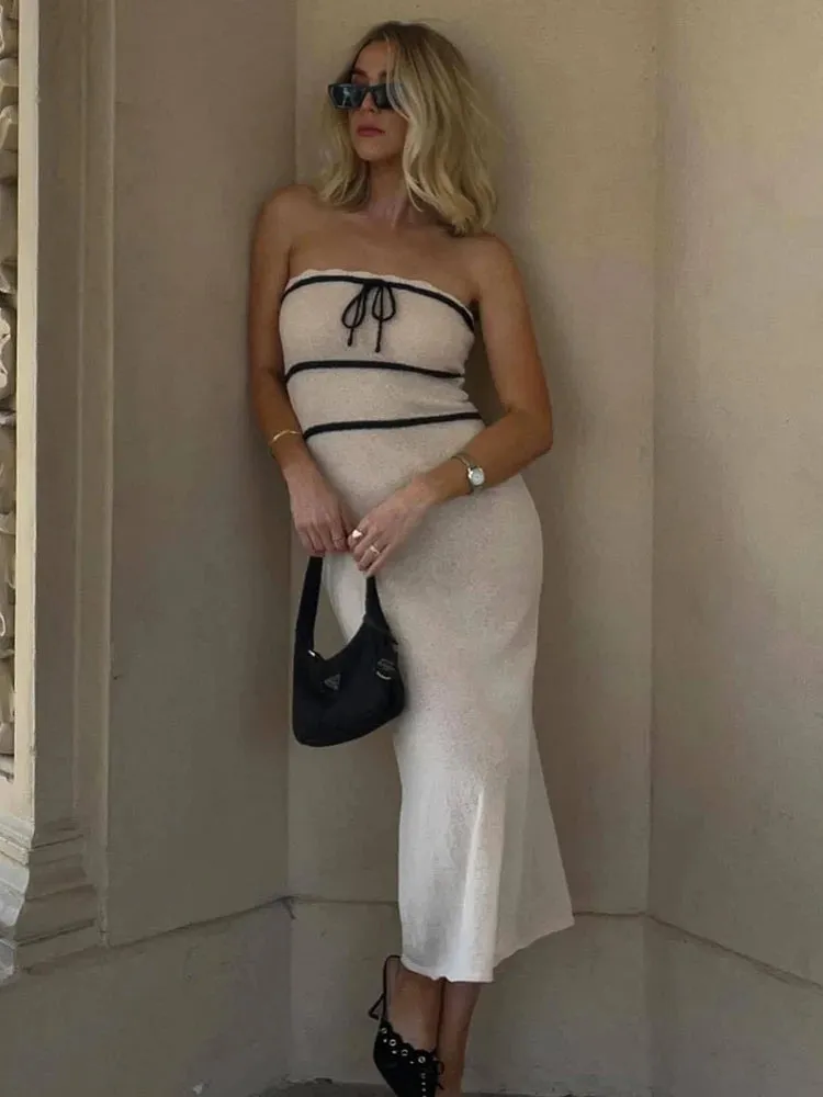 Girlary Tube Knit Long Dress Summer Off Shoulder Sleeveless Casual Skinny Knit Maxi Tube Dress Bow Laceup Knit Party Dress