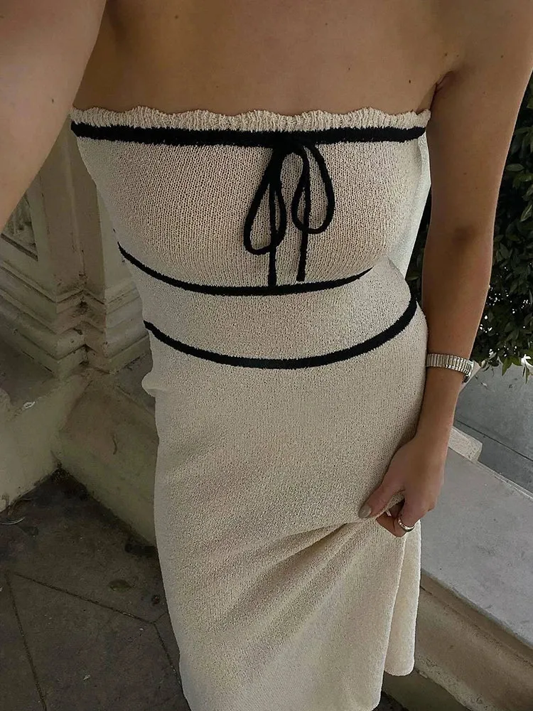 Girlary Tube Knit Long Dress Summer Off Shoulder Sleeveless Casual Skinny Knit Maxi Tube Dress Bow Laceup Knit Party Dress
