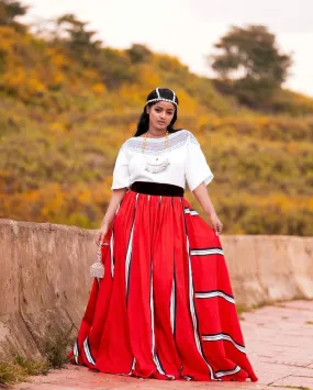 Gorgeous Red Oromo Dress Stylish Oromo Cultural Outfit with Head and Neck Accessories Dress for Irreechaa