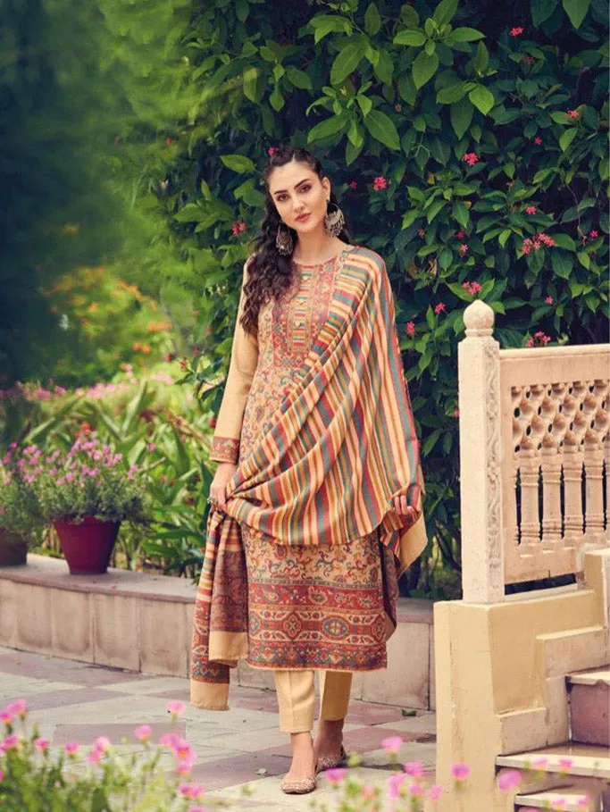 Handloom Weaving Pashmina Beige Unstitched Winter Suit
