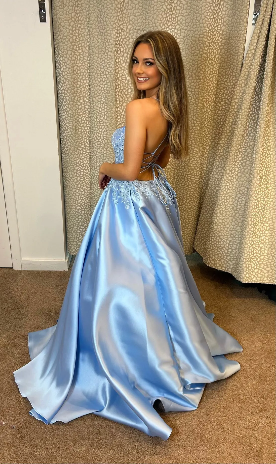Harley satin backless prom dress ballgown in sky blue