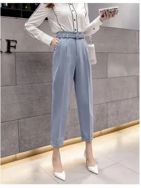 High Waist Ankle Length Elegant Office Pants with Belt