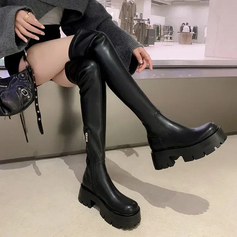 Hnzxzm Autumn Winter Stretch Over The Knee Boots Women Fashion Round Toe Square Platform Thick Heels Long Booties