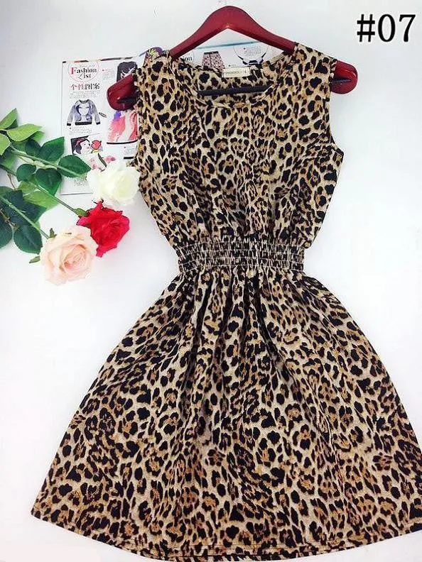 Hot sale ! Spring summer autumn new Korean Women casual Bohemian floral leopard sleeveless vest printed beach chiffon dress