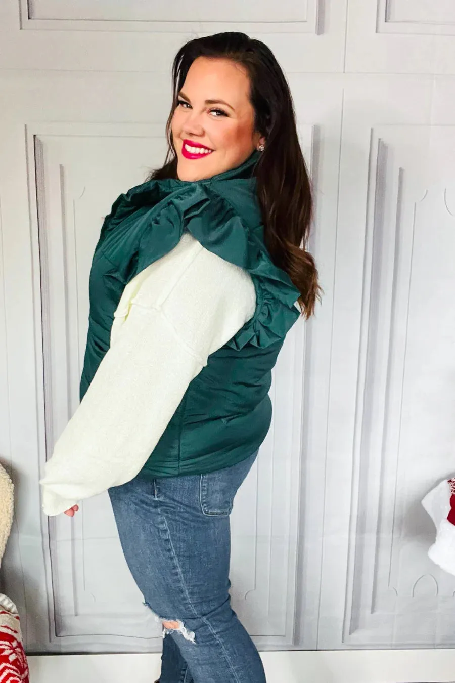 Hunter green ruffle sleeve puffer vest Reg & Plus Size