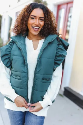 Hunter green ruffle sleeve puffer vest Reg & Plus Size