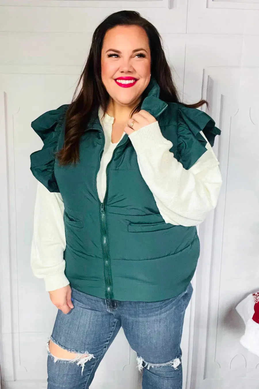 Hunter green ruffle sleeve puffer vest Reg & Plus Size