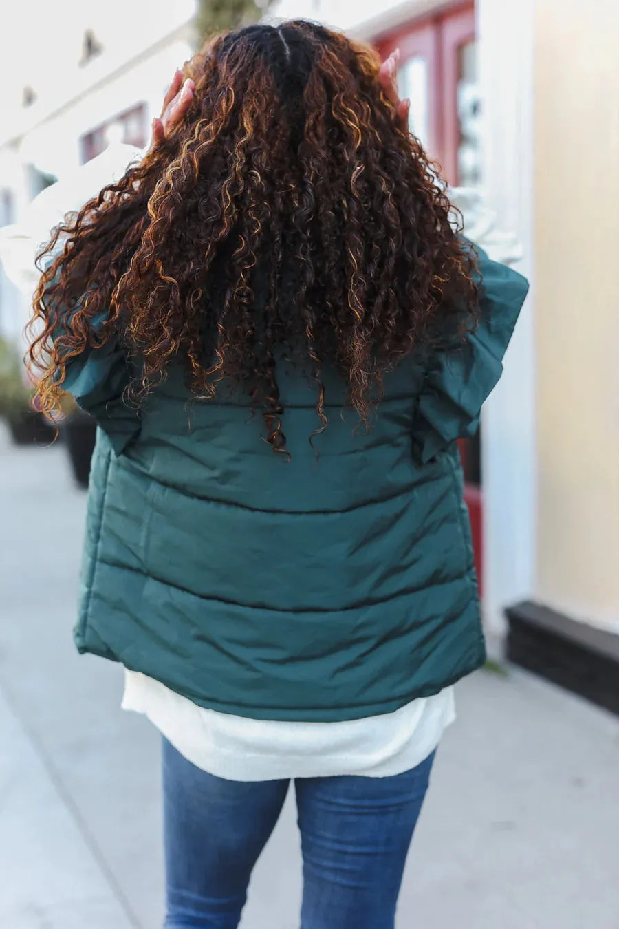 Hunter green ruffle sleeve puffer vest Reg & Plus Size