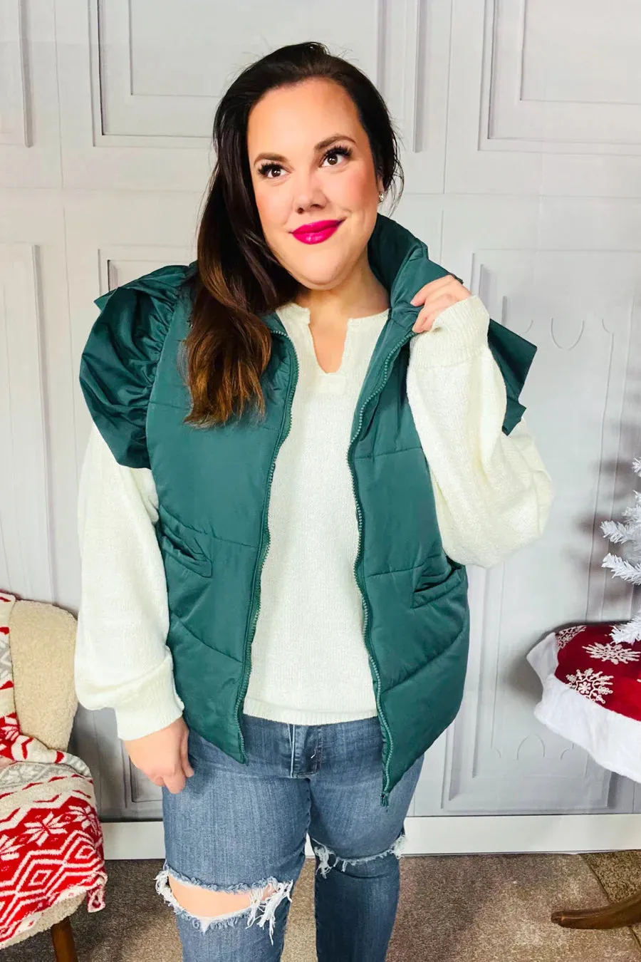 Hunter green ruffle sleeve puffer vest Reg & Plus Size