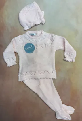 J5052 baby girls knit 3 pieces baby pink with matching hat