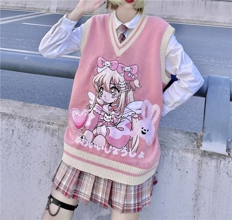 Joskaa Christmas Gift Women Loose Knitted Vest Sweater Japanese Preppy Sweet Cute V Neck Sleeveless Sweater Female Ulzzang Kawaii Girl Cartoon Tops