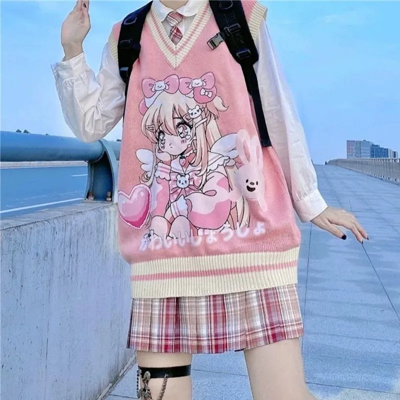 Joskaa Christmas Gift Women Loose Knitted Vest Sweater Japanese Preppy Sweet Cute V Neck Sleeveless Sweater Female Ulzzang Kawaii Girl Cartoon Tops