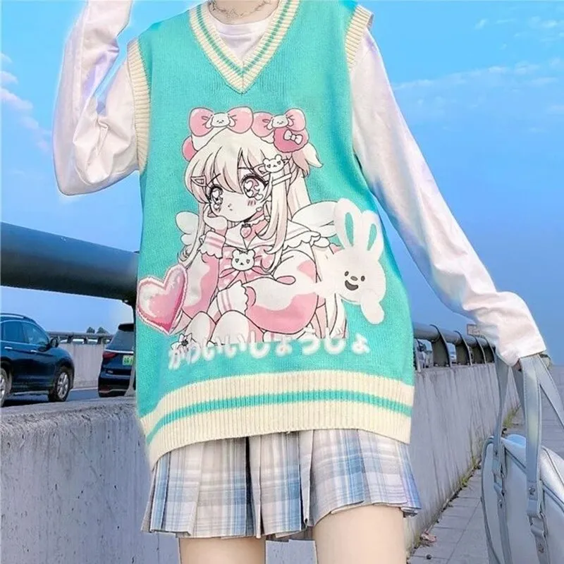 Joskaa Christmas Gift Women Loose Knitted Vest Sweater Japanese Preppy Sweet Cute V Neck Sleeveless Sweater Female Ulzzang Kawaii Girl Cartoon Tops