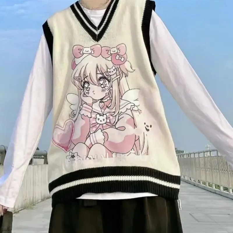 Joskaa Christmas Gift Women Loose Knitted Vest Sweater Japanese Preppy Sweet Cute V Neck Sleeveless Sweater Female Ulzzang Kawaii Girl Cartoon Tops