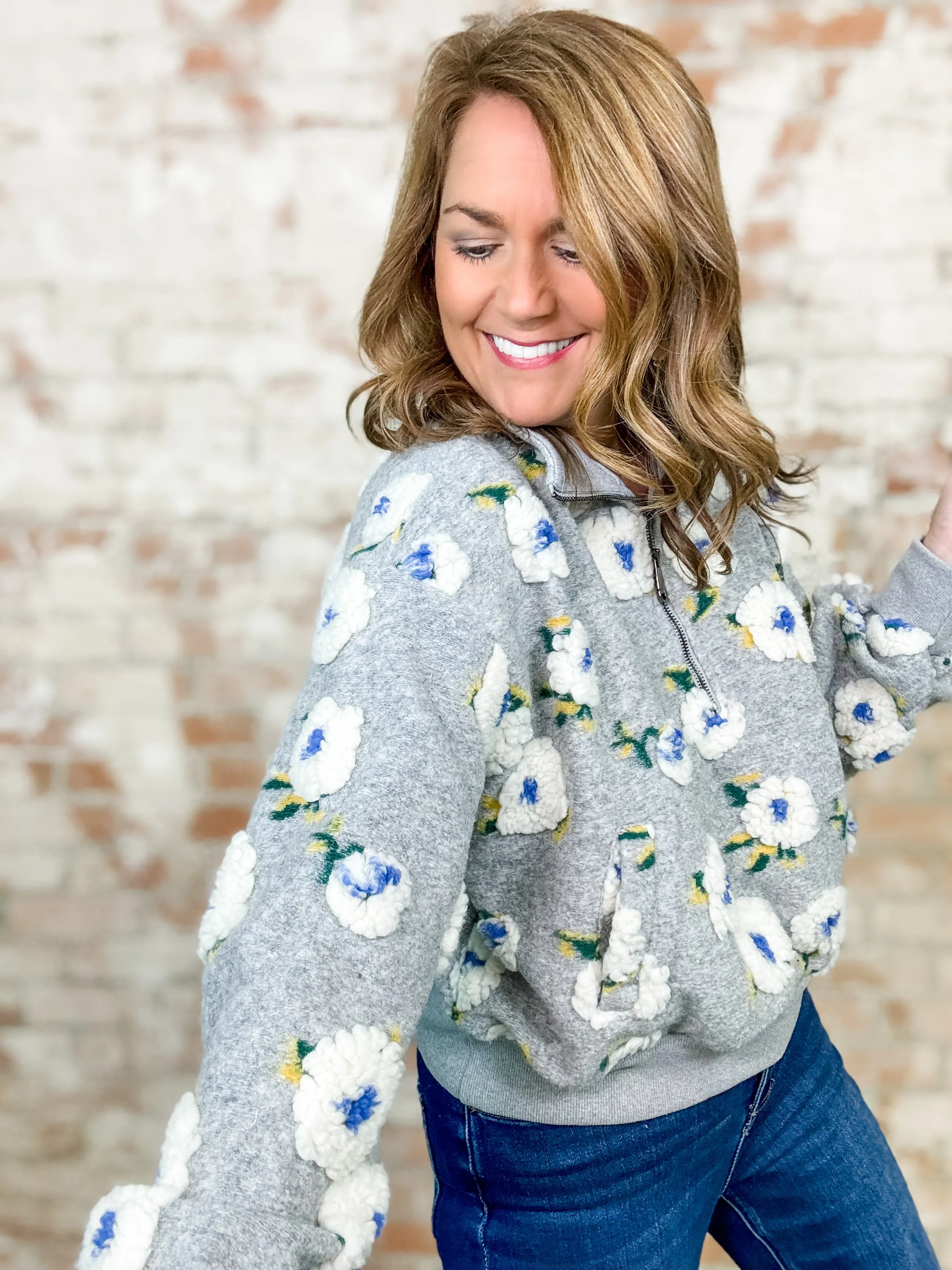 Justina Floral Sherpa Half Zip Top - FINAL SALE