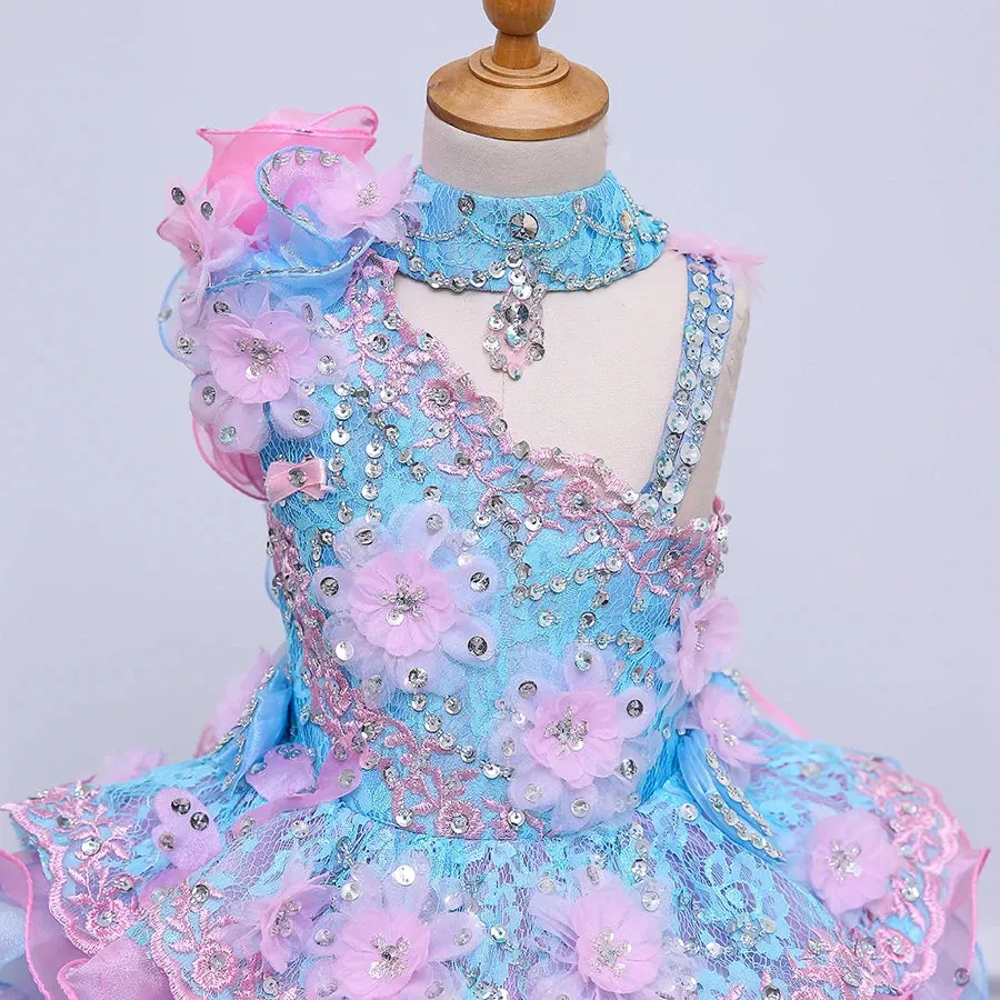 Kids Girls Beading Stones Ruffles Halter Party Dress