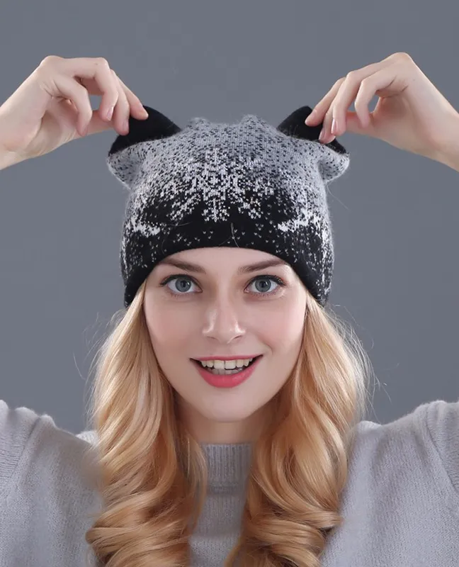Kitty Rabbit fur wool beanie