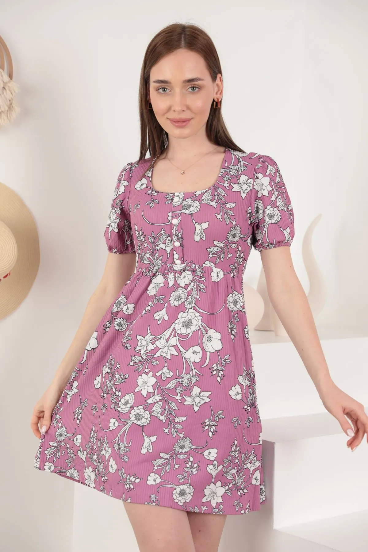 KKT Knitted Fabric Flower Pattern Mini Women's Dress-Lilac - Framingham