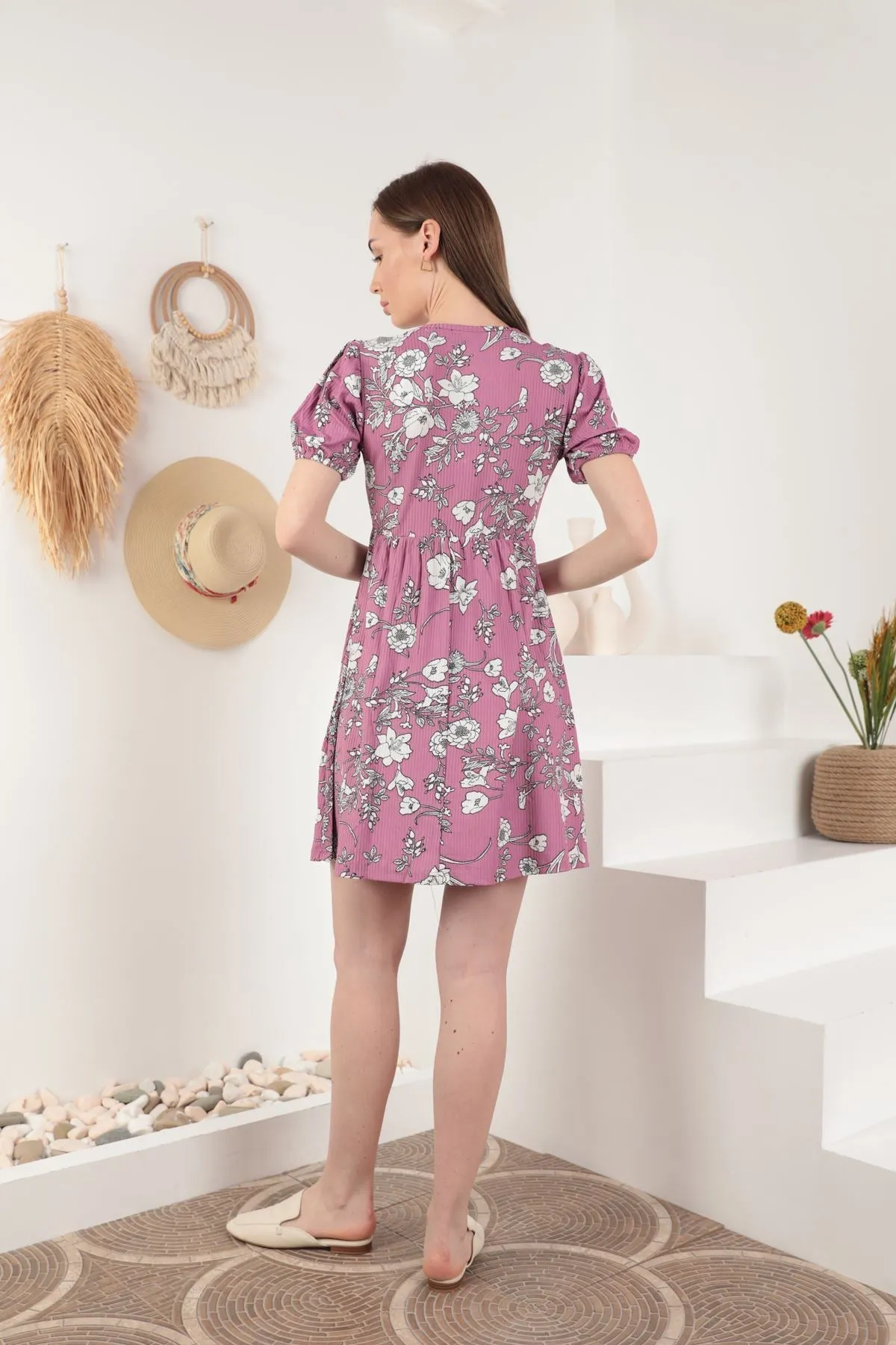 KKT Knitted Fabric Flower Pattern Mini Women's Dress-Lilac - Framingham