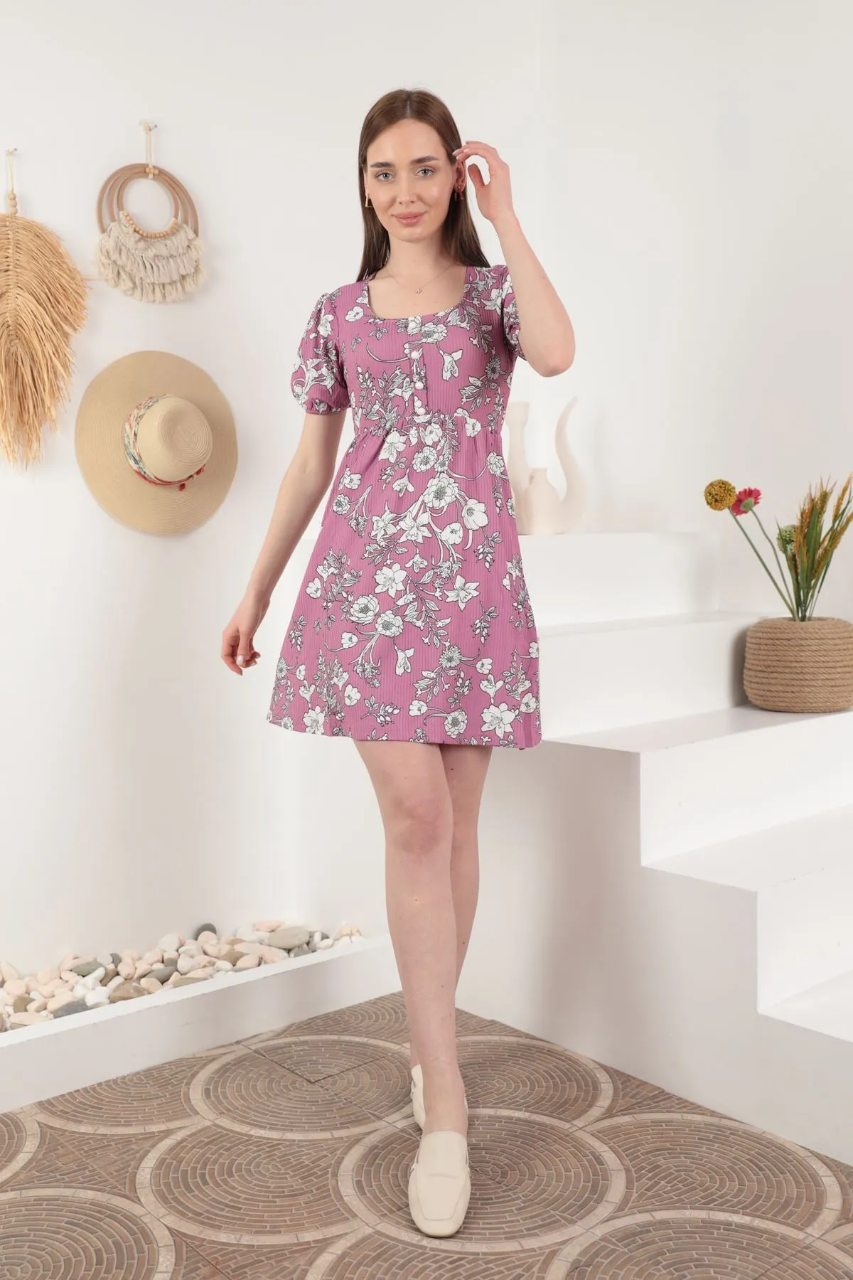 KKT Knitted Fabric Flower Pattern Mini Women's Dress-Lilac - Framingham