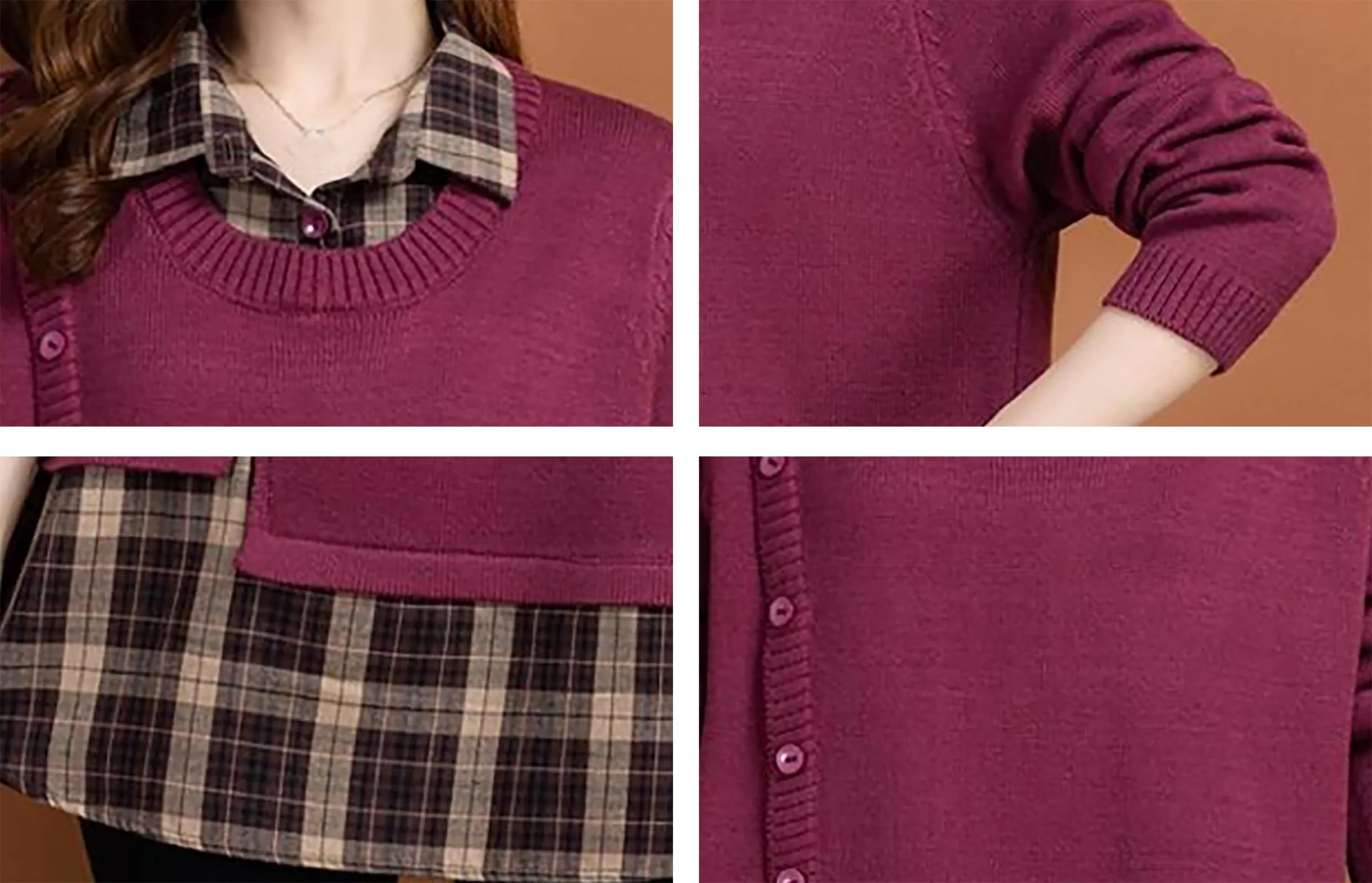 Knit Collar Patchwork Blouse Tops