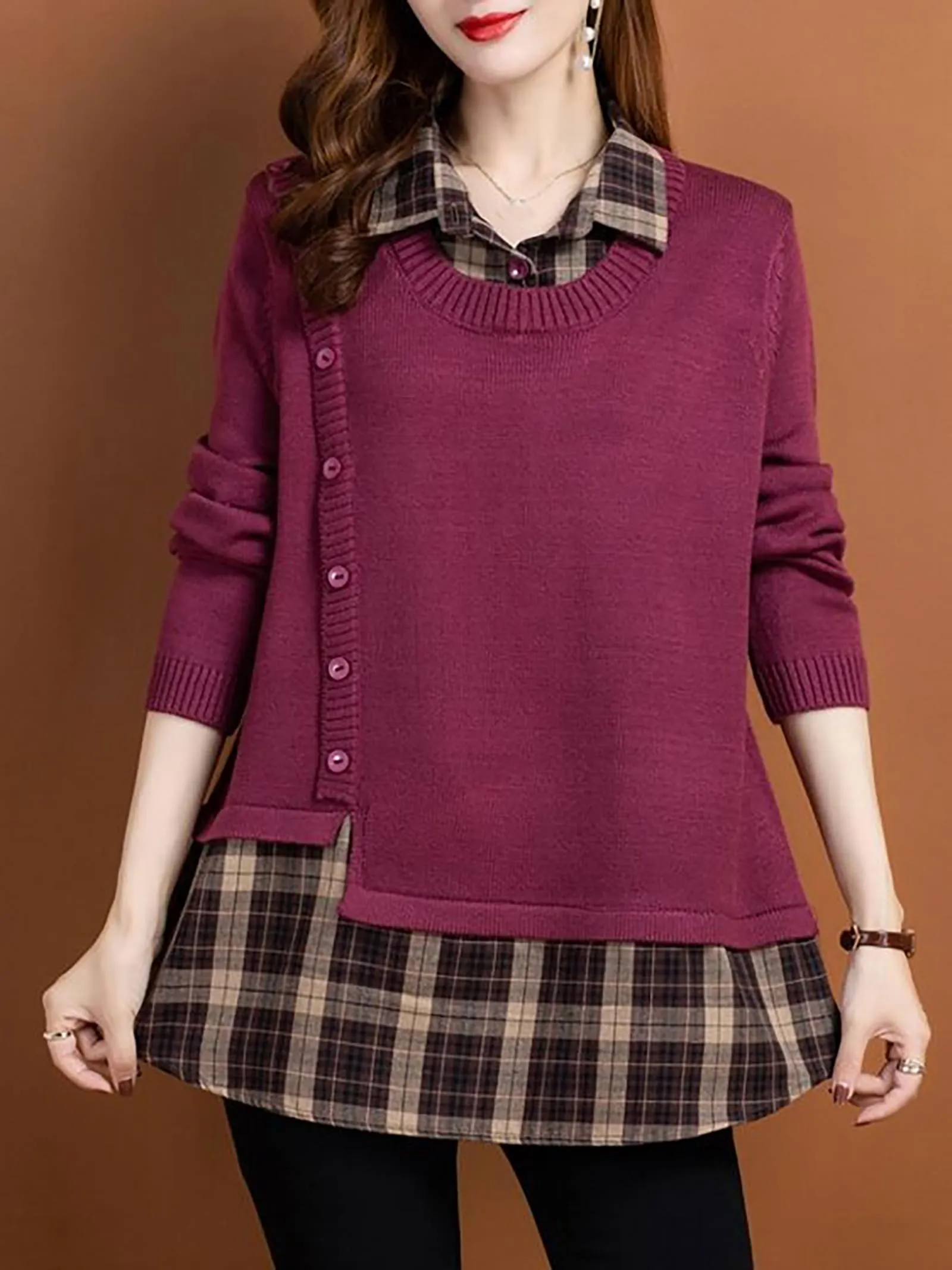 Knit Collar Patchwork Blouse Tops