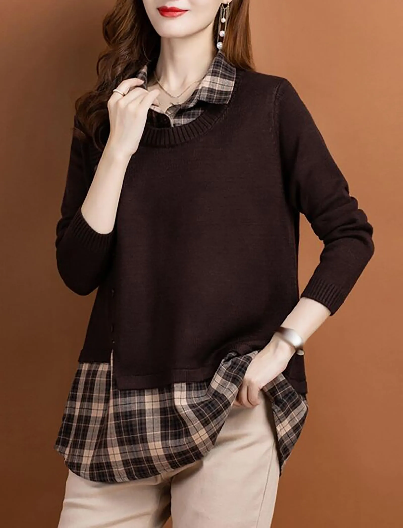 Knit Collar Patchwork Blouse Tops