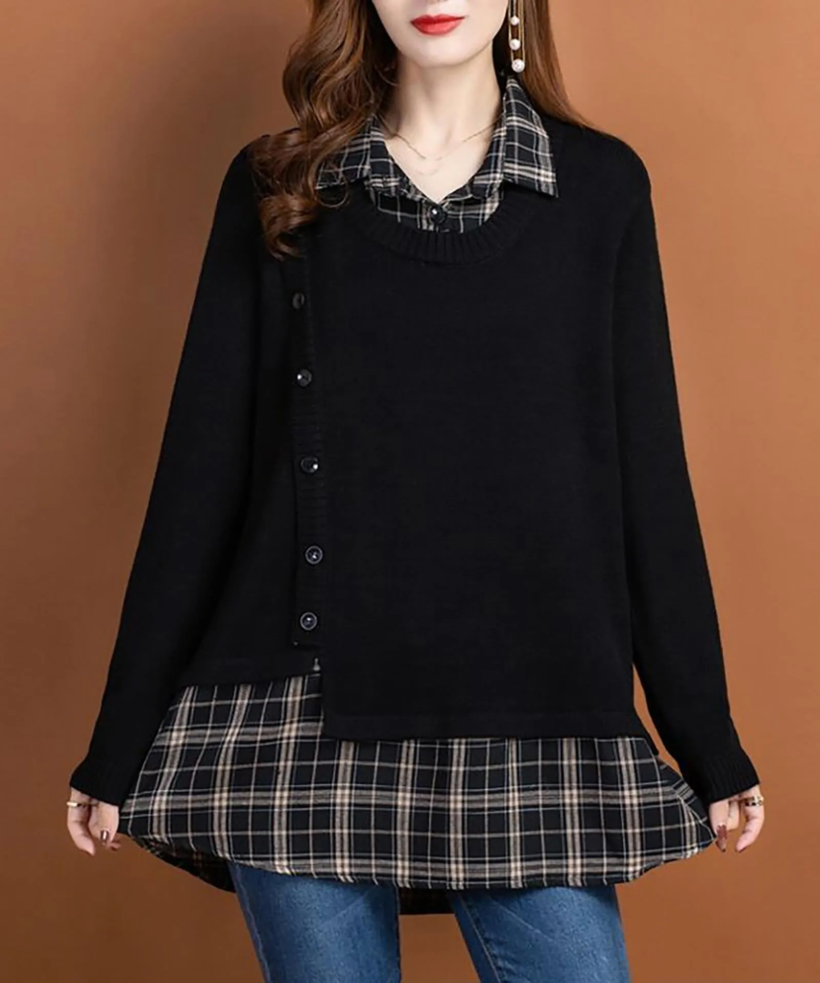 Knit Collar Patchwork Blouse Tops