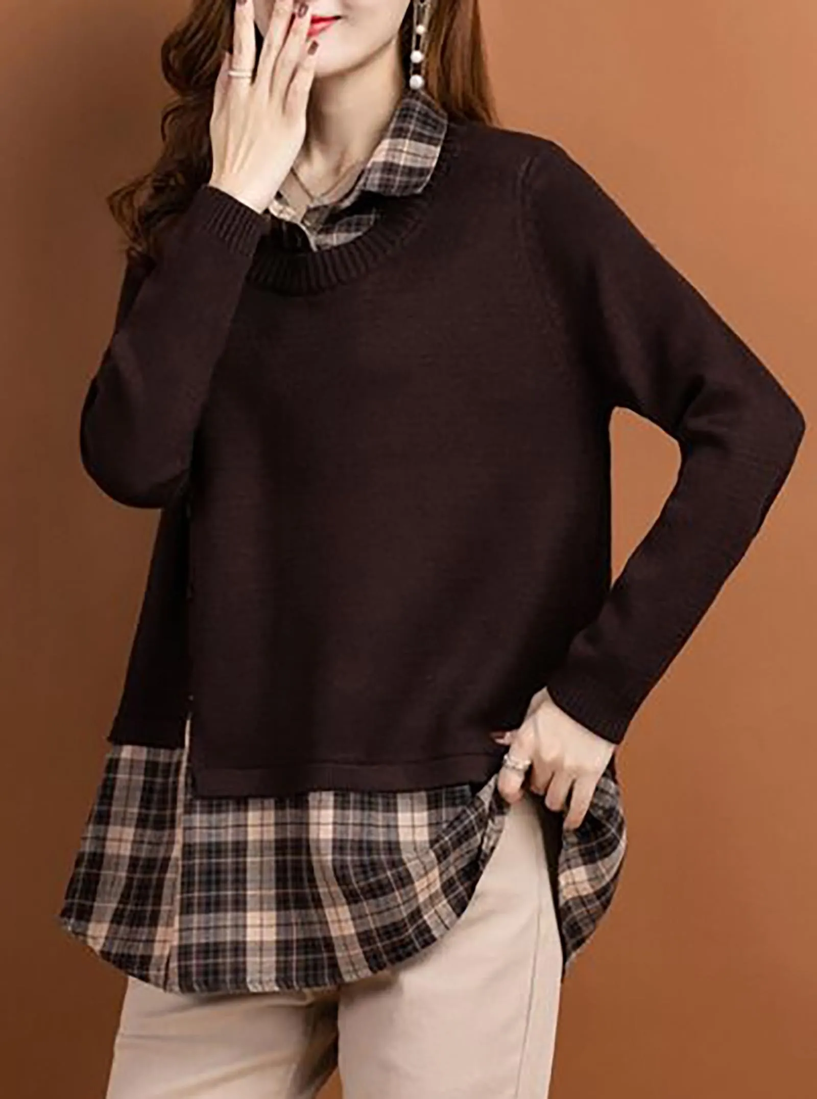 Knit Collar Patchwork Blouse Tops
