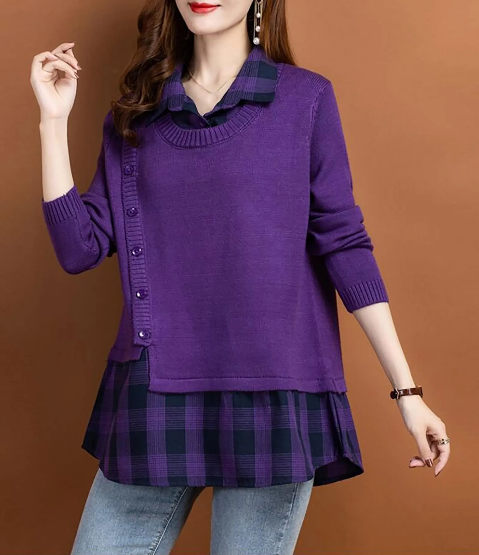 Knit Collar Patchwork Blouse Tops