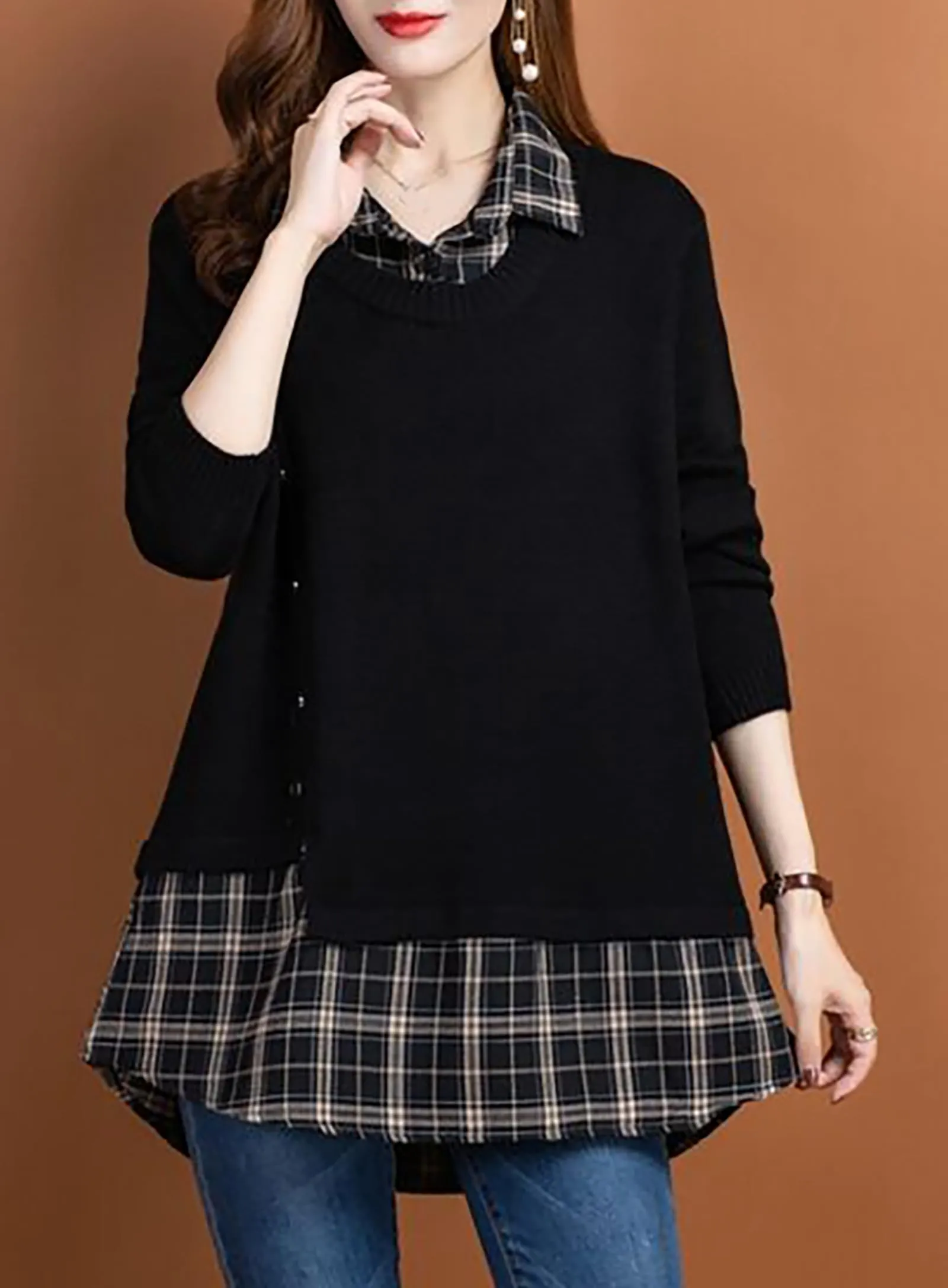 Knit Collar Patchwork Blouse Tops