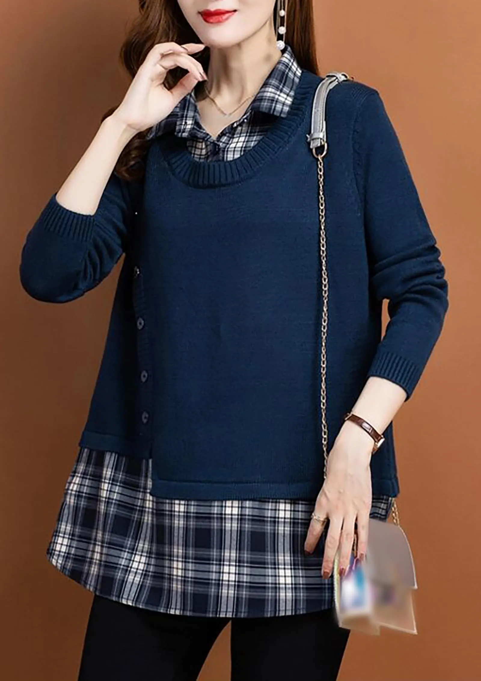 Knit Collar Patchwork Blouse Tops