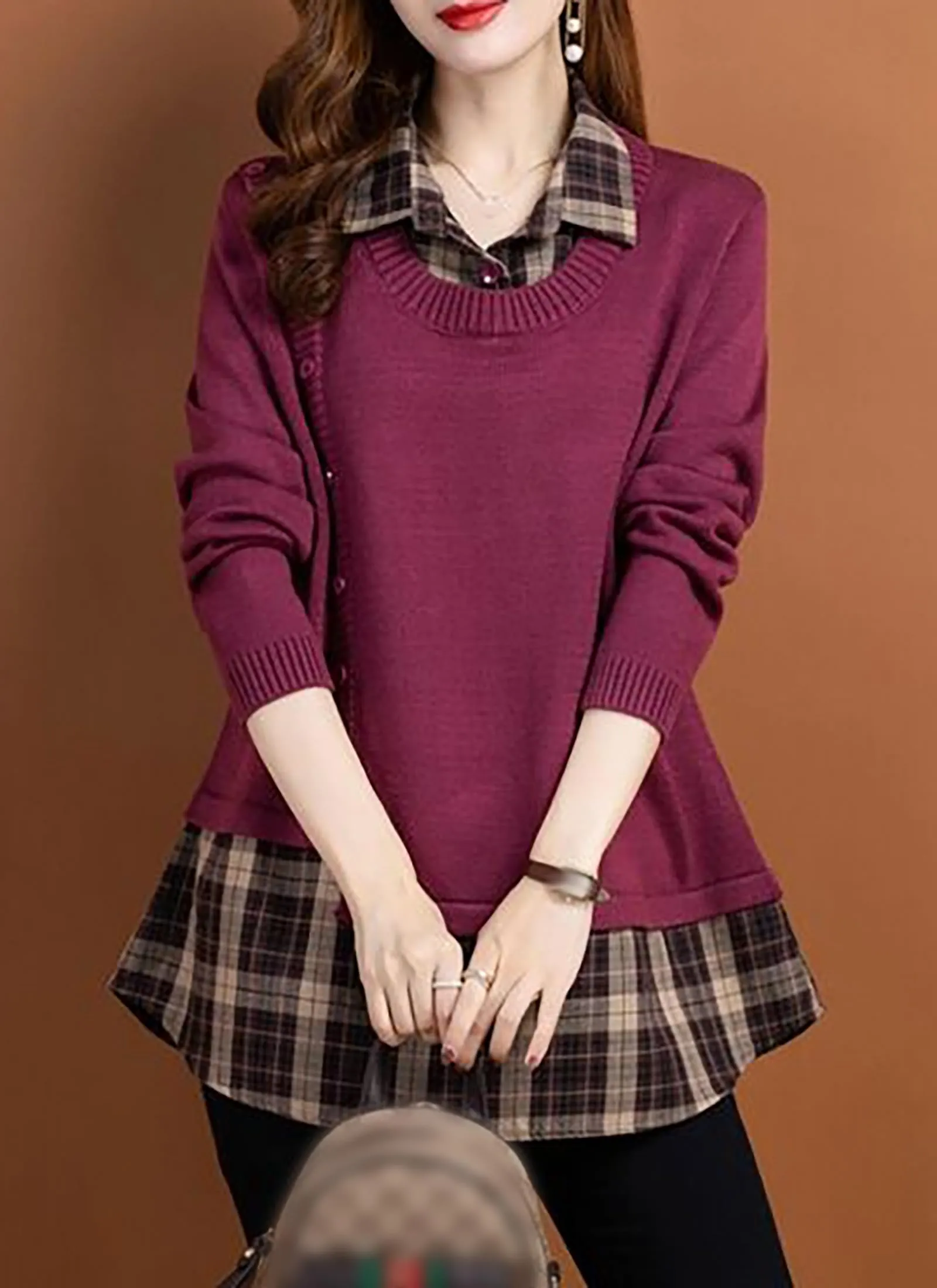 Knit Collar Patchwork Blouse Tops